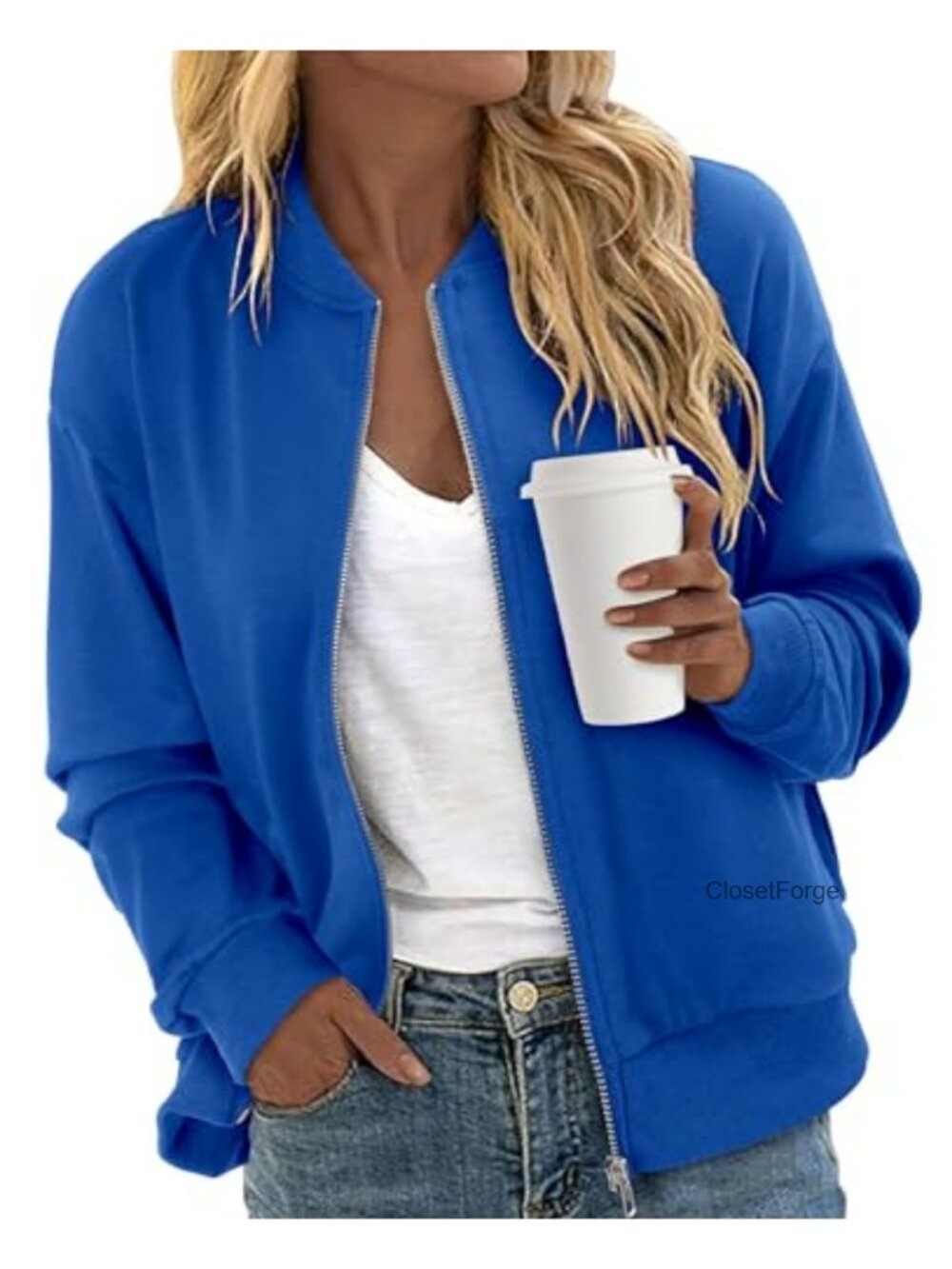 Casual Zip-Up Bomber Jacket Long Sleeve Sweatshirt Coat Windbreaker with Pockets